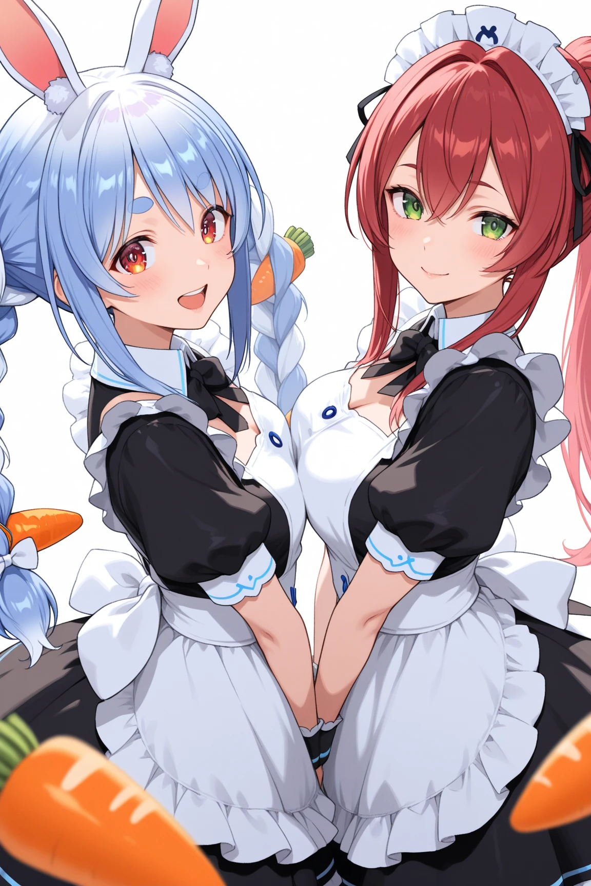 Magical girls of three different heights holding magic wands、Plain white with emphasis on the chestTshirt、You can see the chest from the neck、Ultramarine and white striped mini skirt、When she lifts her skirt, she can see her cute orange frilly underwear..、Fluffy, White frilly flared skirt、When she lifted her skirt, She found some cute orange frilly underwear、barefoot、classroom、Orange bra