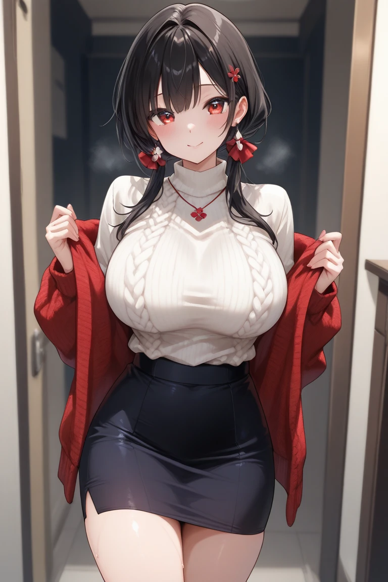 (masterpiece, best quality), solo, 1girl, happy, black hair, white hairband, gold earrings, blush, red sweater, long sleeves, puffy sweater, sidelocks, long sidelocks, large breasts, indoors, [focus], corneo_yor_forger