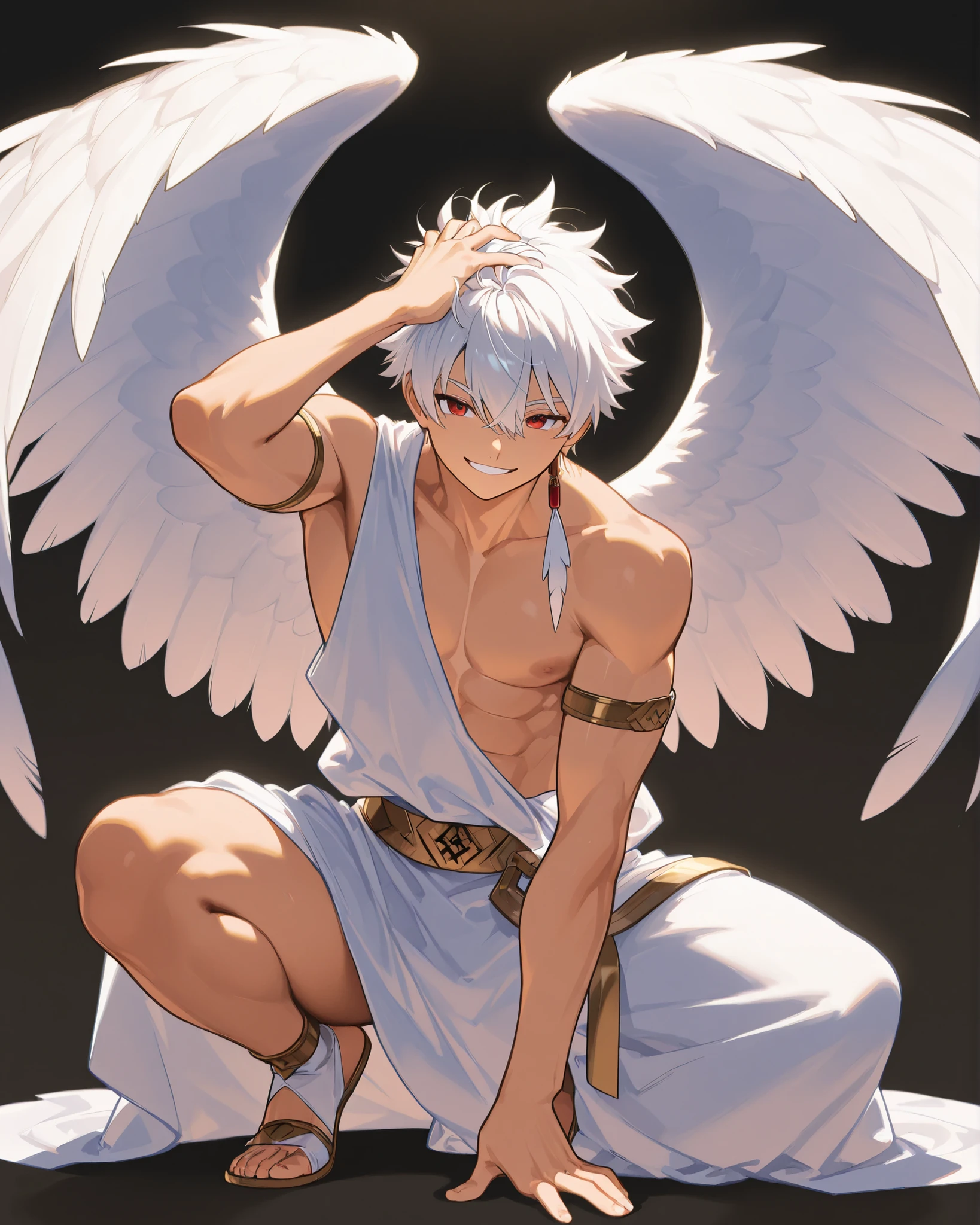 dark skin, blue eyes, white hair, pushed back bangs, thick hair, long hair, mane, messy hair, fluffy hair, tribal, male, bishounen, masculine, tall, mascara, eagle, wings, native american, large hair, pants, ibaraki, no horns, feathers, forest