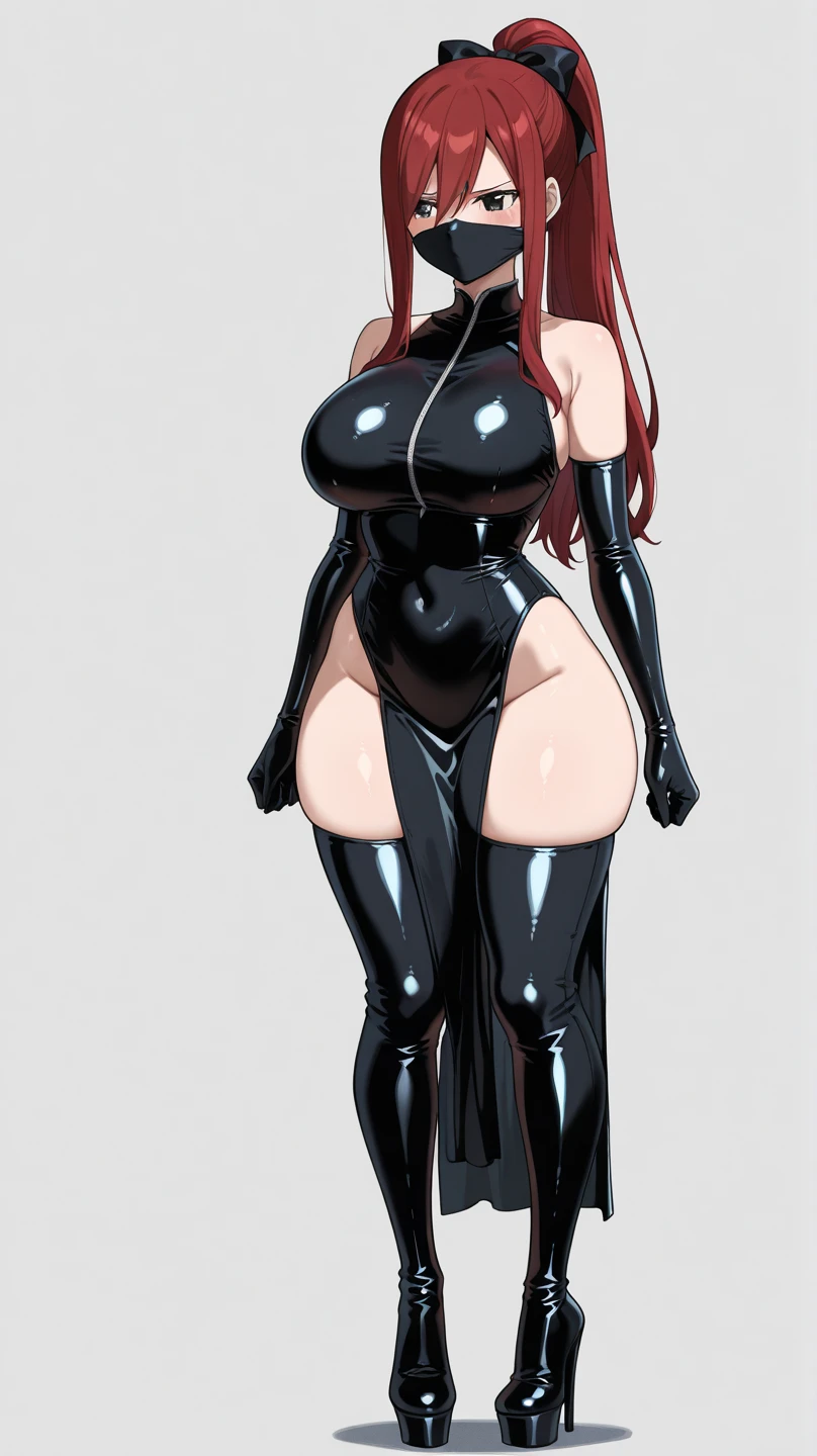 black bodysuit, red hair, full body shot, deep vneck, cleavage, navel, unzipped, cameltoe