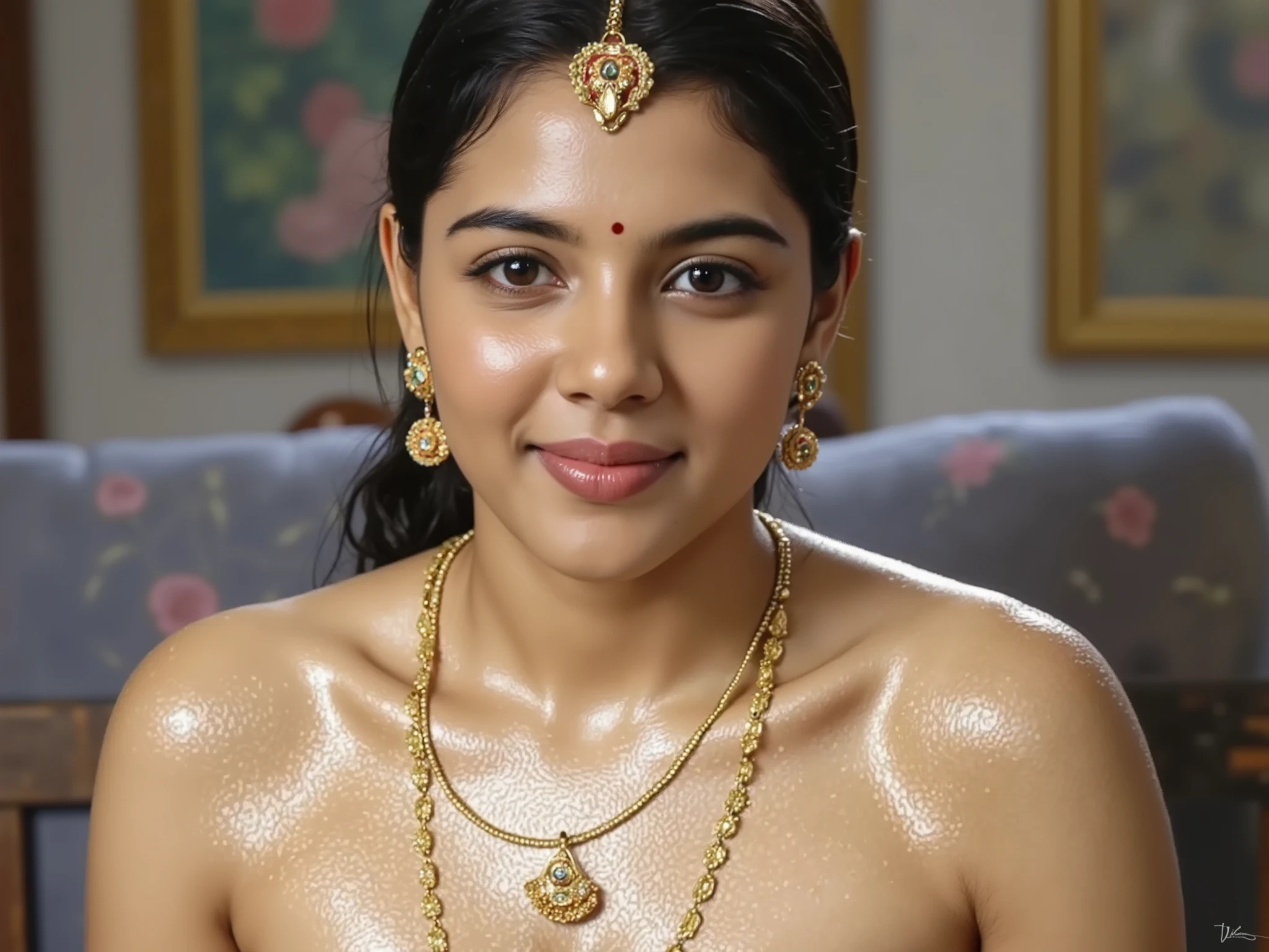 there is a woman in a blue dress with a gold necklace and earrings, indian goddess, indian girl with brown skin, indian, indian super model, indian empress, wet sweat t-shirt padded push up bra, saree removed dropped, cleavage, plain white color padded cotton bra:1.8 milk goddess Buffy's with curly hair short hair, smile face:1.5 in the shwer room(A masterpiece of impressionist close-up photography) Attractive and sexy curvaceous Indian women, navel hole, low hip, shower room, (wearing precious jewelry:1.4), ,(beautiful and fine eyes:1.1) , (Passionate expression:1.2) Intense dramatic lighting, black rain, wood、bushes、flower、Bokeh, with backlight, light, very detailed, Trending with ArtStation, paint splashes, rich colors , details log, detail toe, F Written by kernel 25 year old woman well developed body in a low waist saree draped seducingly..... low neck front hook blouse, jewellery, beautiful navel , waist fold, navel chain,sweat visible, tired look on face, in bedroom , dimlight water,realistic ,hyper realism ,natural , movie still , full body image In a homely setting, A naughty and curvaceous light fair skin tone 25-year-old woman in exposing attire, wearing elegant saree Anatomically Correct, legs, side view Outdoor image of 18 years in school school photo in school masterpiece, (photorealistic:1.7), best quality, beautiful lighting, Eleanor Latino Woman 20yo Old Big Breasts Plus Size Model random colour beautiful eyes extremely( hair Bun)long extreme curly hair Lifts wearing Indian flowers ethnic elegance princess transparent salwar kameez. Flowers on hair (Persian princess)),off shoulder ,bra, big wearing flower tiara on the head,from top view, selfie, extreme close up photo of curvy Latina indian, hourglass figure, swooping breasts, sexy armpits, seducing on mountains, no bra, nude, sexy pussy A highly detailed, ultra-realistic digital painting of a South Asian woman with deep brown skin, expressive dark eyes, and curly black hair.