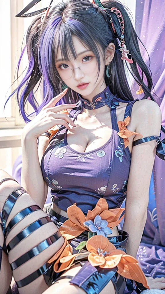 masterpiece, best quality, illustration, (dynamic lighting:1.2), cinematic lighting, reflection, delicate facial features, ultra-detailed eyes, sharp pupils, realistic pupils, depth of field, sharp focus, (hyper-detailed, bloom, glow:1.4), exceptional beauty, alluring face, cute look, multicolored hair, ponytail, high ponytail, (ponytail:1.3), (high_ponytail:1.2), long ponytail, (bright purple hair:1.3), shining hair, bangs, long side bang, enchanting blue eyes, shiny, sparkle, sparkling, elegance, jewelry, ornaments, 1girl, solo focus, medium full shot, cowboy shot, white skin, intense bright, absurdres, high-res, ultra-detailed, large breasts, huge breasts, perfect breasts, round breasts, hair ornaments, earrings, perfect arms, perfect hands, perfect fingers, detailed hands, detailed fingers, perfect body, perfect, embarrassing, blushing, smiling, angelic, expert shading, extreme light effects, intense bright, glare, sharp eyelash, red lips, dynamic pose, huge smile, beautiful, accurate anatomy, perfect anatomy, showing body curves, one arm up, arm up, hands on hair, eyeglasses, (eyeglasses:1.4), (round_eyeglasses:1.2), wearing glasses, renaissance, sunshine, princess, goddess, crown, tiara, halo, lunar, lunar new year, night market background, lanterns, fireworks, ultra detailed eyes, detailed iris, sparkle eyes, (multicolored eyes), (heterochromia), (messy hair:1.3), (bright purple hair:1.3), (long ponytail:1.3), (hair over one eye:1.3), (wavy hair:1.1), looking at the camera, standing in front of a clump of roses, (completely nude:1.3), nude, white sneakers. no pants, pantless, skirtless, bottomless, upper body, close up, flowers, tying hair, adjusting hair, sitting, (crossed legs:1.3), legs crossing, knees high, one knee up, bare legs, completely naked legs, slender legs, from below, from below view, nipples, pink nipples, erected nipples, perfect nipples, pink , (exposed_nipples:1.3), exposed nipples