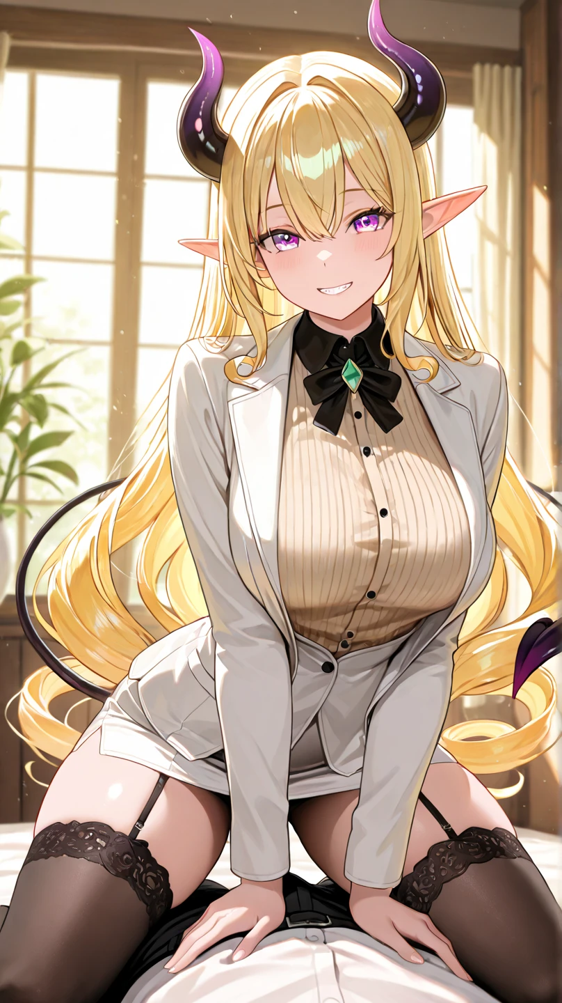 Sweat, Full face blush,, Looking at the audience, (Happy, giggle,smug, teeth,Smile ), sitting, on the bed, Hotel room, pajamas,transparent, Heavy breathing, Variza, Riviera, very Long hair,Young woman sitting and waiting for her boyfriend to stare at the camera, Elf, Long hair, kind Smile, Green Hair, Emerald eyes, White shawl, shirt green formal jacket, Black pantyhose, (masterpiece),(best quality),Extremely refined,(Practical:0.5), high quality, 1 Girl, Solitary,Solitary_Key Points,Huge Breasts,((Cleavage))