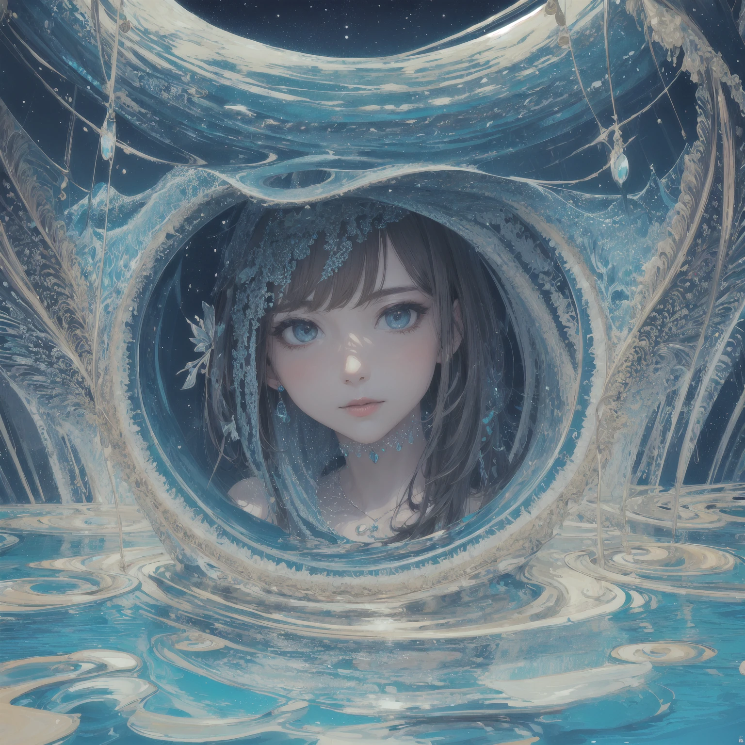 quadratic element，the detail，Reflective{Mirror-like reflection、Flood}，A girl in the backlight，The surface of the water maps the negative personality[Bare body、unholy、red-eye special effect、Killing intent]，