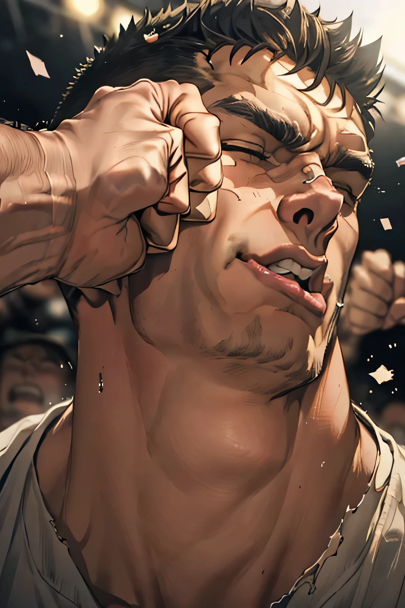 punch_cheek, guts \(berserk\), one eye closed, male focus, manly, scar,
fist hit cheek, Punch in the face, Martial Artist、 street fight、From below , ((torn clothes:1 . 5)) , a male opponent out of frame is punching the boy, (( someone else's fist is touching the boy face )) , ((( punching ))) (((Face punch ))) , one eye closed , (((close up view))) , (((cheek deformed by the violent impact:1 . 2))) , betterhand, (five fingers),
Arena, Corner post, ring rope, (crowd: 1.5), ancient landscape, on stage, dark, stage lights, spotlight, sparkle, depth of field, sharp focus, Confetti shower, confetti, (((he is brutally hit in the cheek:1 . 2))) , (((hit in cheek:1 . 2))) , (((boy body view:1 . 2))) ,
((最高品質)), ((傑作)),(詳細),高解像度,鋭い焦点,完璧な顔,{best illustration},(complete anatomy),
shiny 肌,very shiny 肌,光沢のあるボディ,plastic glitter 肌,exaggerated shiny 肌,illuminated 肌,
(非常に詳細 CG unity 8k wallpaper),(((鮮やかな色彩))),鋭い目,(完璧なボディ,完璧な胸,完璧な指),
筋肉質,引き締まった腹部,長い脚,
(((fast stick hit movement effect against her cheek:1.2))) ,