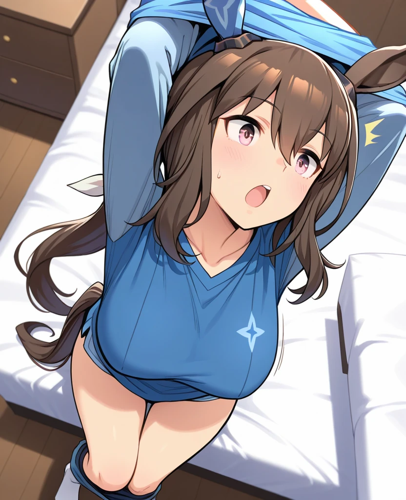 1girl, solo, masterpiece, best quality,
amagi brilliant park, sento isuzu, brown eyes, brown hair, long hair, ponytail, hair between eyes, hair intakes, sidelocks, antenna hair, hair bow, white bow, naked shirt, shirt, white shirt, collared shirt, dress shirt, no bra, collarbone, cleavage, open clothes, open shirt, large breasts, bottomless, bare legs, thick thighs, barefoot, breasts,
wariza, sitting, hands on lap, from above, looking up, looking at viewer,
blush, nose blush, scowl,
bed sheet