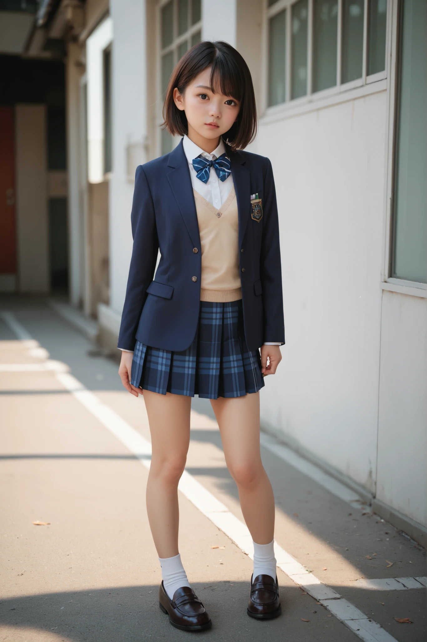 Great quality、8k、Flying debris、(RAW Photos:1.4)、High resolution、((Composition away from the subject))、((Full body photo from face to ankles))、((Perfect Anatomy))、1 female 14 years old、Small stature、Detailed skin、Glowing Skin、Baby Face、double eyelid、eyes with long eyelashes、Small face、smile、Open your mouth、ponytail、Staring out the window in the school hallway、Stretch your back、The windows provide natural light、Realistic school scenery、middle School girl、Blue and grey school bag on shoulder、Slender and delicate body、Small breasts、A blazer uniform with green lines、girl 、Check skirt、healthy、young woman、black tights、black tights、Black knee-high socks、Brown loafers、loafers、Full Body Shot、Beautiful hairstyle、Accentuates extremely slim legs