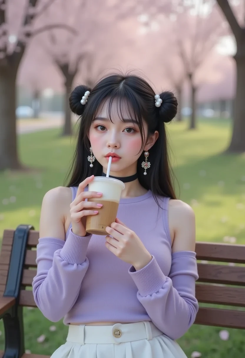masterpiece, best quality, highly detailed, 1girl, solo, bremerton \(day-off date\), twintails, off-shoulder sweater, choker, jacket, hairband, holding cup, bubble tea, looking at viewer, smile, blush,