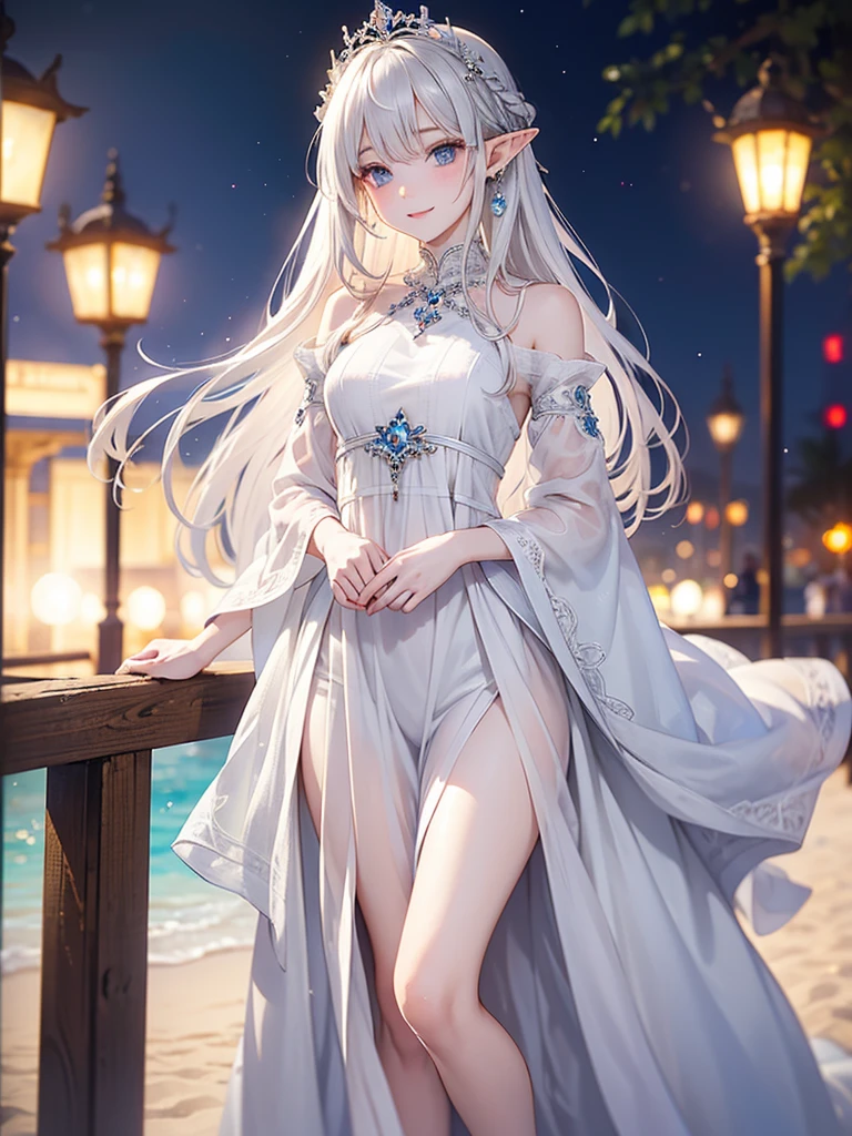 silver-white long hair,Falls to the waist,Fluttering。Eyes light blue,Twinkle light。Fair and transparent skin,Only underwear was worn。