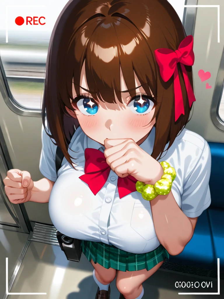 NSFW,Kyoto Animation,highest quality, High resolution, unity 8k wallpaper, (shape:0.8), (detailed and beautiful eye:1.6), highly detailed face, perfect lighting, Detailed CG, (perfect hands, perfect anatomy),masterpiece,High resolution,perfect anatomy,anime key visual,detailed and beautiful eye,highest quality,unity 8k wallpaper,super dense skin,white skin,highest quality, masterpiece, {your chin_Kumiko_sound euphonium:1.15}, Brown_hair, short_hair, Brown_eye, blush, front hair, closed_mouth, (((white shirt,denim’s very short tight skirt , embarrassing,Panty shot,white lace panties,sit on a train seat , left crotch grab,looking at the viewer,Panty shot 