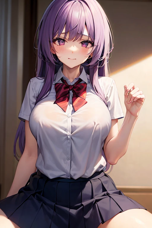 Hugob, nffsw, Purple hair, Long hair, Bangs, (Purple eyes:1.1), (medium breasts:1.2),Blake Black Jacket, Black skirt, Collared shirt, Hair Ribbon, high waist skirt, Jacket, Long sleeves, Neck ribbon, Open your clothes, Open jacket, Pleated skirt, Red Ribbon, bow ribbon, Shirt, Skirt, sleeves past wrists, White shirt, Wide sleeves,BREAK looking at viewer,BREAK outdoors, BREAK (masutepiece:1.2), Best Quality, High resolution, Unity 8k壁纸, (Illustration:0.8), (Beautiful detailed eyes:1.6), extra detailed face, Perfect Lighting, extremely details CG, (Perfect hands, Perfect Anatomy),Naughty smile with open mouth、NSFW,(vaginal,SEX),Cowgirl、(((1man with 1woman,Having sex)),girl on top,Straddling,SUI,bed),(Spread legs),(Squatting,Open legs),(Trembling girl )、1man、(Straddling a man:1.3)、(Penis inserted into the vagina :1.5)、(nipples are completely exposed,,,:1.5),(teats:1.3),(shirts lift:1.3),(Open Shirt:1.3)