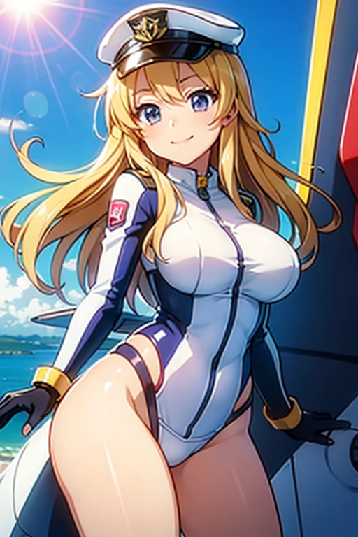1girl, blonde hairz large breasts, thick thighs, hourglass figure, toned, blue eyes, fox ears, fox tail, police, policewoman, police uniform, belt, smile, smirk, smug, mature female, bikini, blue bikini, highleg, beach, text, number, card \(medium\),