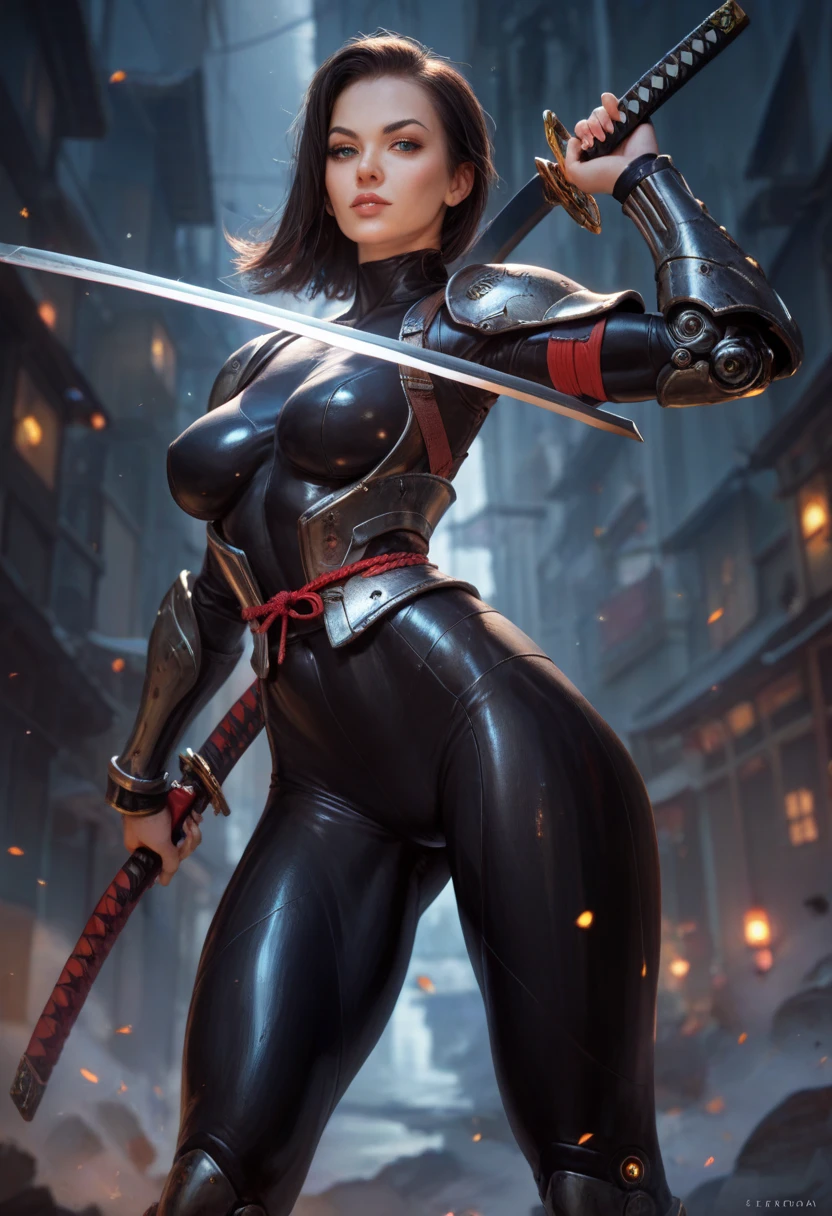 Female ninja，tightsuit，Hot figure，Bigchest，big assa，Sword in hand，a sexy pose