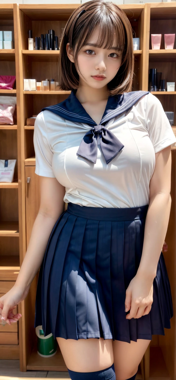 a closeup, masterpiece, top-quality, FULL ANATOMY、Raw foto, Photorealsitic、(Cute little face:1.6)、(Very cute smile:1.7)、(with round face:1.9)、(She looks like an idol and is cute:1.7), (A dark-haired)、(cute school uniform:1.7), depth of fields, hight resolution, ultra-detailliert, finely detail, ighly detailed, extremely detailed eye and face, Realistic pupils, foco nítido, Cinematic lighting、18-year-old woman、(One lady、Only one person、独奏、without background:1.9)、 (poneyTail、curlyhair:1.4)、Very detailed 8k wallpaper、Show me your whole body、Looking at the camera、(Too short plaid pleated skirt、I can see the white panties、Plump panties、Lift the hem of the skirt with both hands、Showing her panties to the camera:1.7)、(Brown Long Boots:1.6)、Angle from below、(Thigh close-up:1.6)、(Nice figure、big breasts thin waist)、(Clothes with emphasized chest bulge、Colossal tits:1.8)、Background depth of field