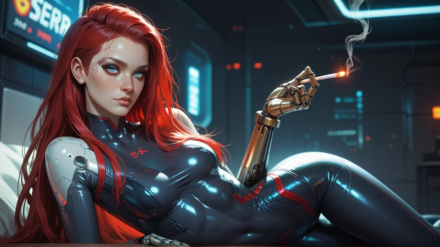 Masterpiece, Best Quality, Girls, Slender, Red Eyes, Hair Color, Iridescent, Long Hair Spreading, White Skin, Medium, Cute, Sexy, Near Future, Bikini, Exposed Skin, Night, Psychedelic, Trip, Extreme Color, Paisley Theme, Open Legs, Mechanical Left Arm, Full Body