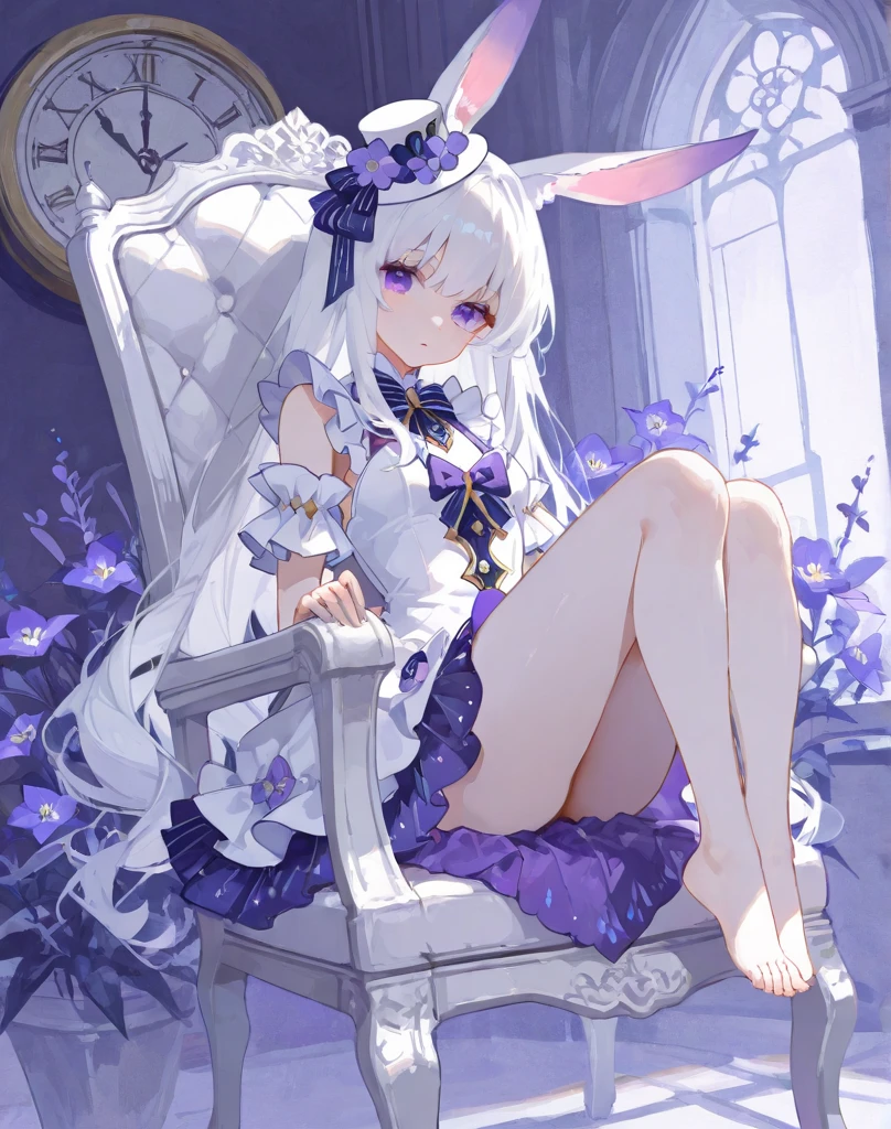 masterpiece,(bestquality),highlydetailed,ultra-detailed,(pale) hair,(whaite hair),(long whitr hair),(Wing-like bangs),(Dull hair),(hair loops),(expressiveless),(Cold beauty)(red eyes),bunny girl, (lively pose),(fluffy ears),(cute tail),(white costume)