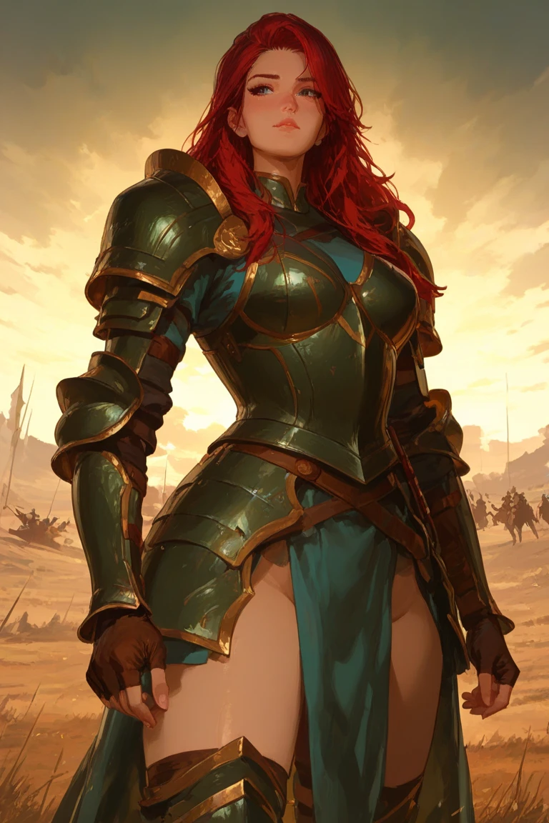 (Giantess 1:2) ginger (((towering over you ))), in a open field, she wears leather armour and she looks stern.