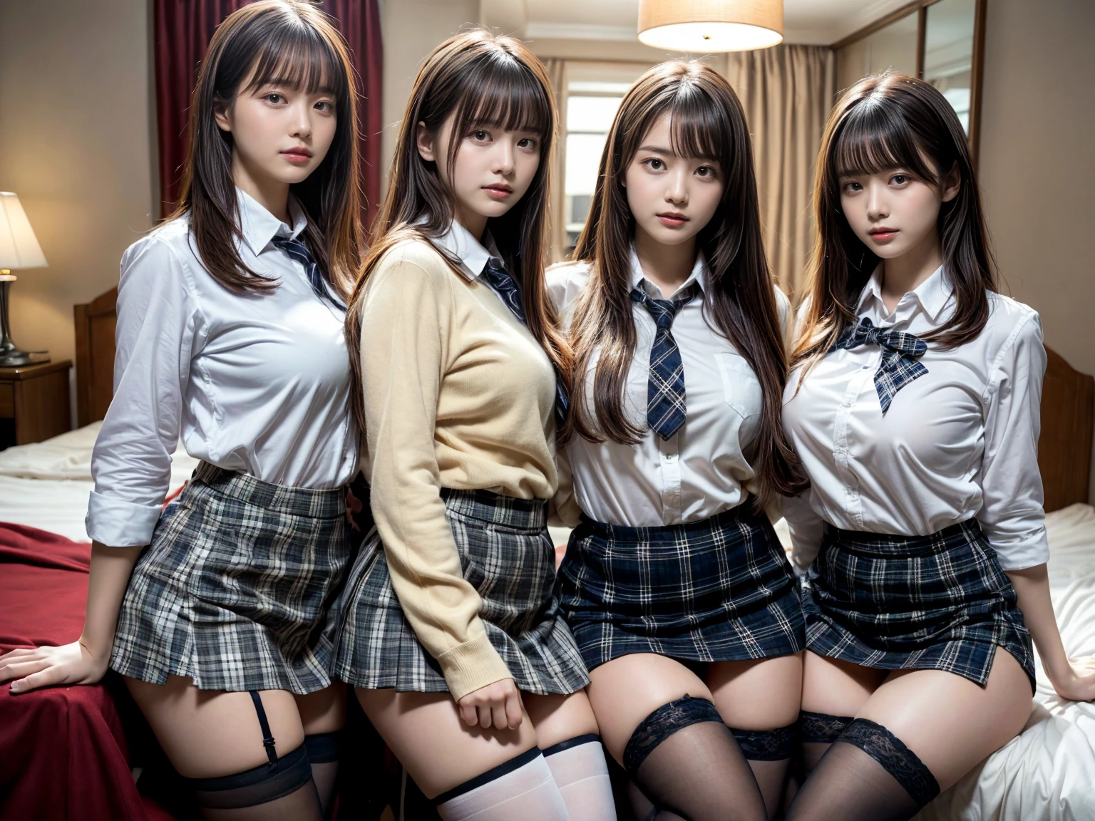 masterpiece, best quality, illustration, Super detailed, fine details, High resolution, 8K,wall paper, perfect dynamic composition,(Details High quality, realistic depiction of eyes:1.3), (3 girls), (white school shirt :1.2), (plaid skirt :1.3), tie black, black thigh-high stockings, sitting, open legs, short bob hair, in a hotel room in the background, deep on field, large breasts, black hair color, Big Natural Color Lip, (perfect body shape), crying a little、Harajuku style、20 year old girl、cute type、beautiful legs, Gravure Idol
