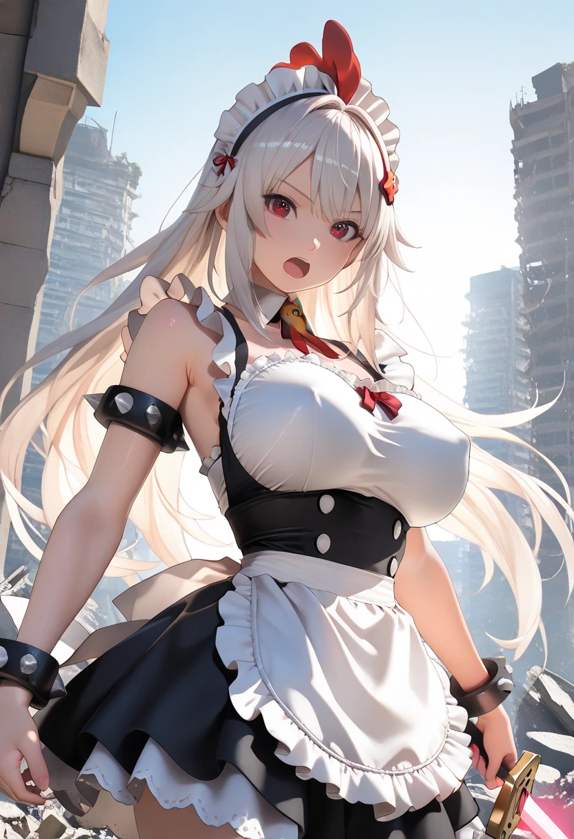 1 girl、red lips,White lace bikini,White socks,Slim,Large Breasts,The facial details are extremely detailed, Smile,handcuffs,collar,Black long hair, Charming red eyes, Fox ears, Ridiculously big, radiant skin,Stand on the road,Street Market