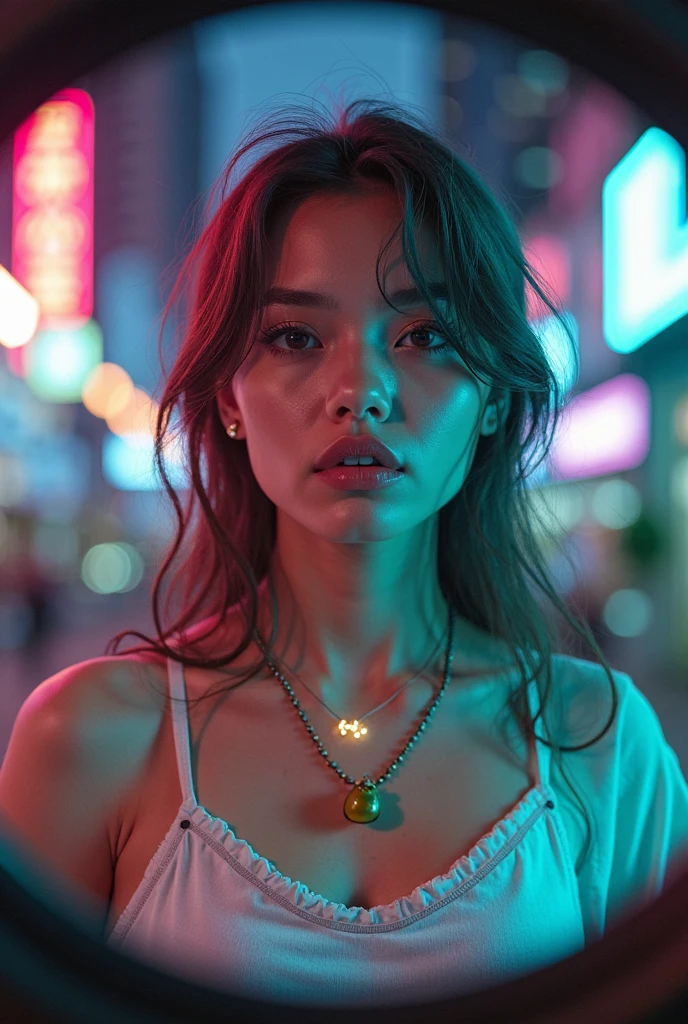 8k, high resolution, masterpiece, ultra-detailed, full body shot (cute girl, young, barely legal, tanned skin), (silky oversized crop shirt, short, wide neckline, deep neckline, random color, bikini underneath), (cozy cabana, shiny silky sheets, outdoor, tropical ressort after a sunbath, wet, at dusk), (medium breasts, small hips, detailed face, long slick ponytail hair, tattoos), moody atmosphere, random dramatic and neon colors, futuristic setting, intricate details, at night, backlit, full body shot