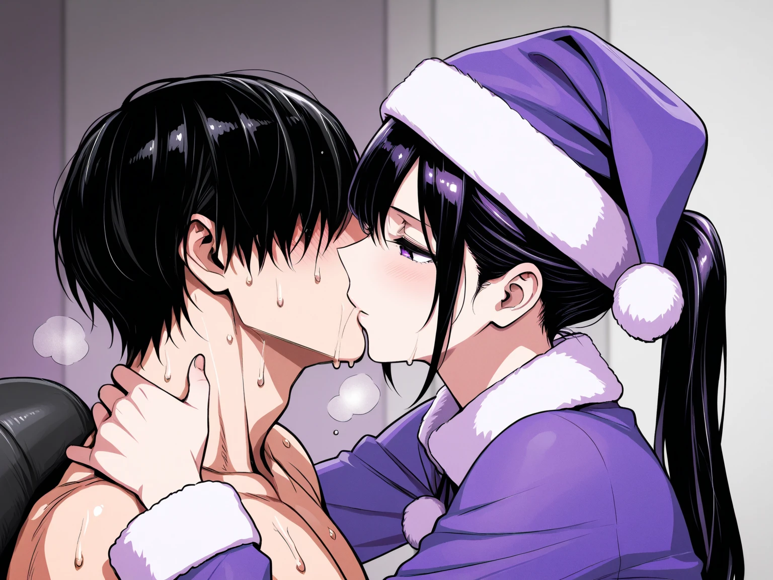 matingpress, 1girl, 1boy, lying on back, vaginal,mating press, kanao tsuyuri (demon slayer), purple eyes, black hair, butterfly hair ornament, demon slayer corps uniform, anime style, demon slayer style, side view  from side