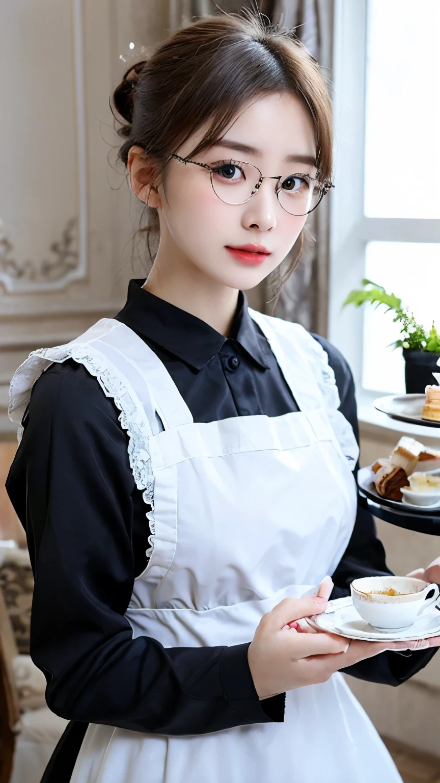 Strict and elegant maid like Yuri Alpha from Overlord、23 year old Japanese woman with her eyes slightly open、Fair skin、bun hair with black hair neatly gathered、Wearing glasses、ruffled apron on classic black and white maid clothes、serving afternoon tea in a luxurious Victorian room、holding teacups and pastries on a silver tea tray、Detailed vintage furniture background、soft natural light with no sense of processing、after being played in high definition、realistic texture、Cinematic Lighting、4K resolution