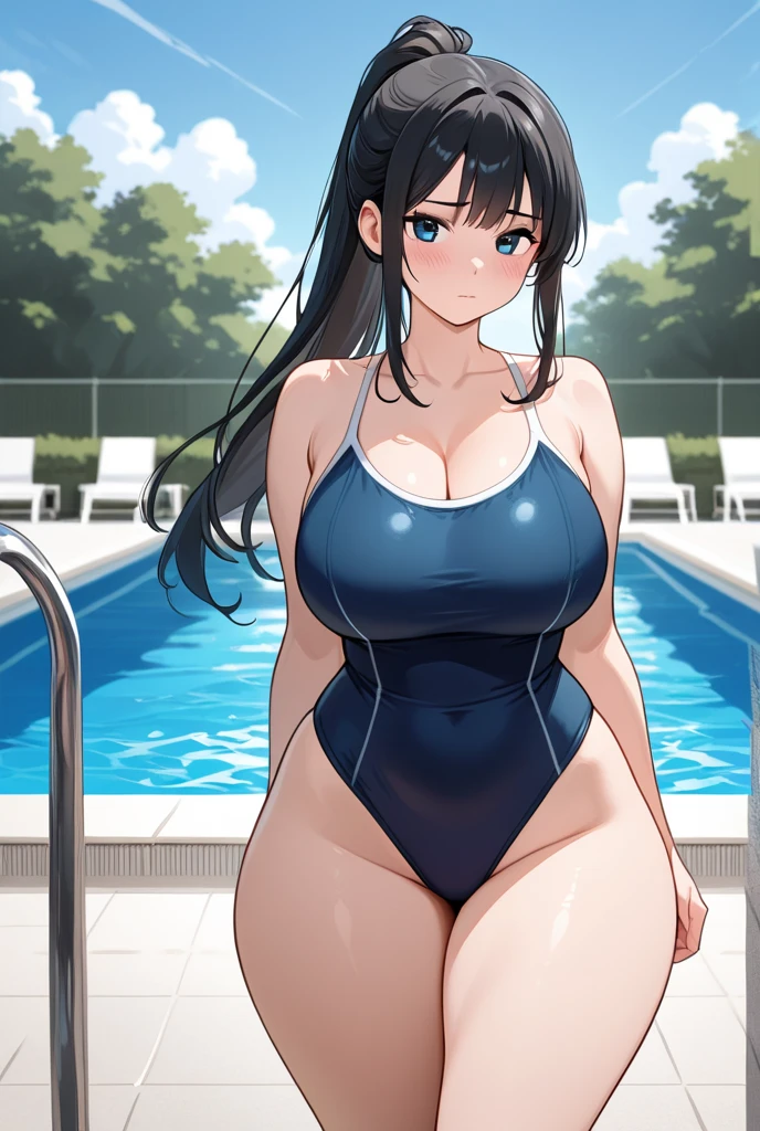 (Masterpiece, finely detailed beautiful eyes: 1.2), super detail, illustration, 2 girls, detailed background, school swimsuit, after school, poolside, smile, full body portrait