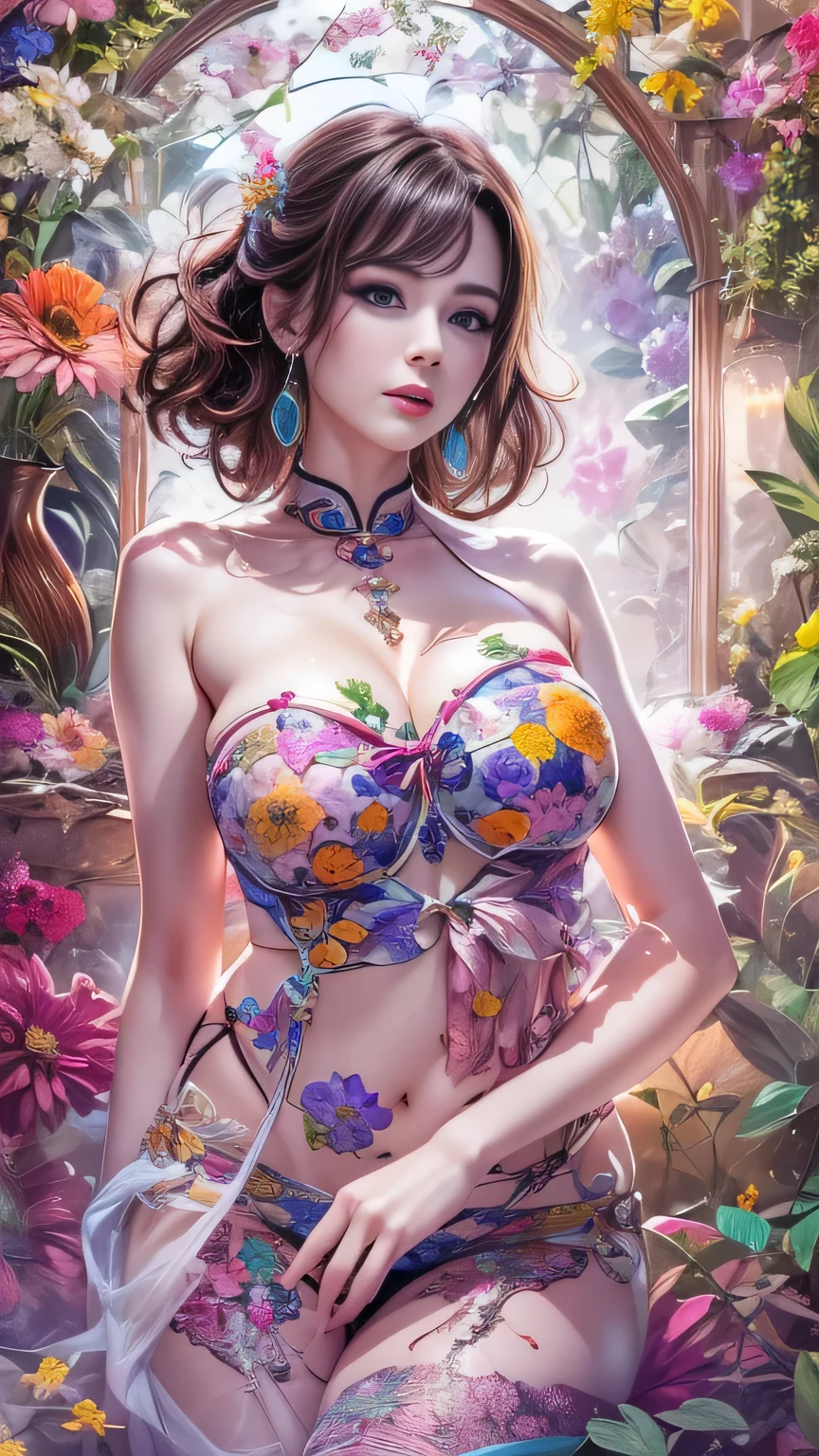 Realism, a woman in colorful lingerie, big breasts, mysterious smile, flower field, 3D magical details, James Jean Soft Light, 4K, Yuri Schvedorf and Tom Bagshaw, beautiful digital artwork, Sylvain Sarrell and Igor Mosky