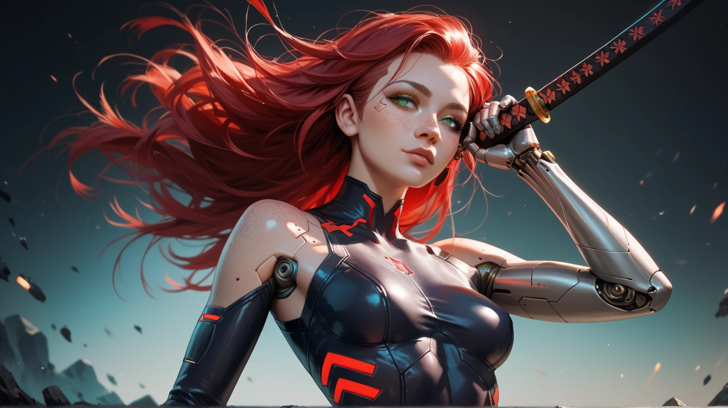 1 girl, beautiful,long hair,red hair,back dress, cyberpunk background,8k,picture realistic,