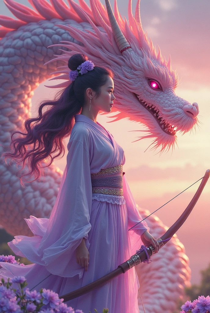 A kimono-clad warrior stands in a field of flowers and allies herself with a forest dragon surrounded by fireflies at dusk