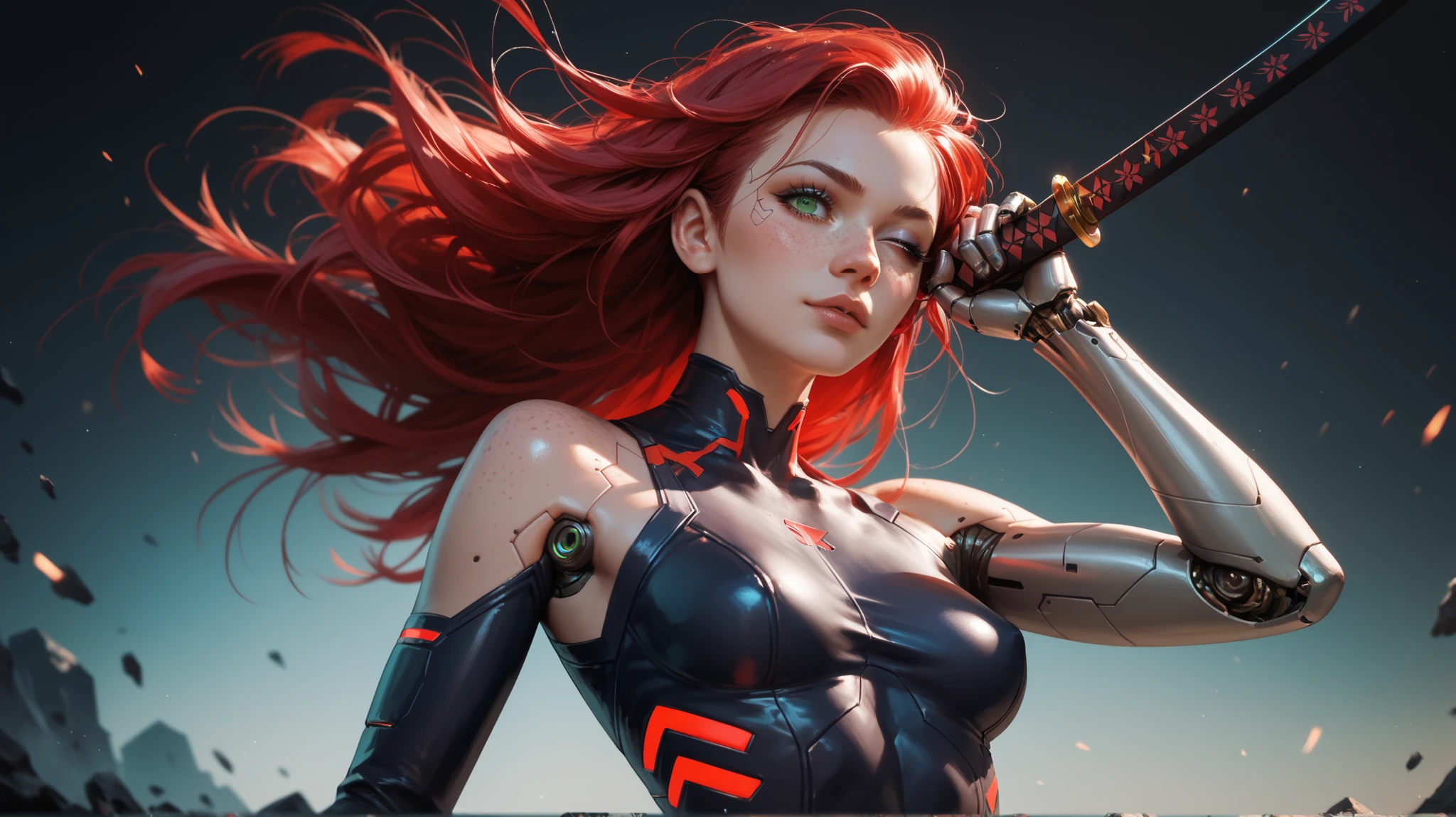 cyberpunk style, girl red hair, long hair, green one eye, freckles all over my body, robotic arm, mechanical implant place for one eye, slim body fold, tight suit spandex, different bright colors, holds a neon katana in his hand