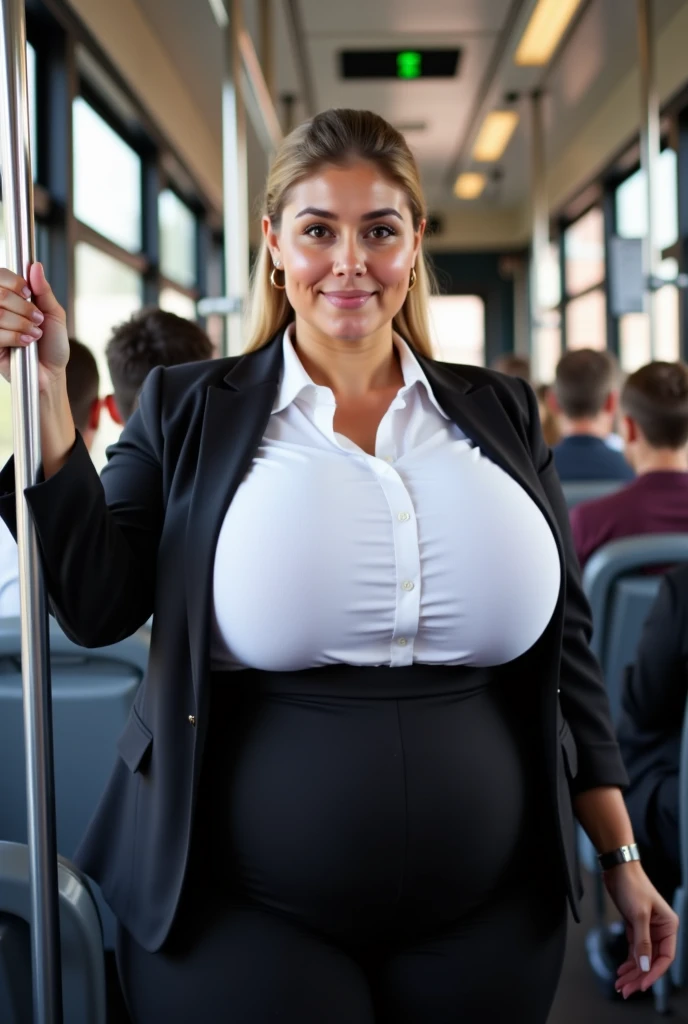 35 yo MATURE MILF Xenia Wood as office lady, sitting in the bus, she is wearing a conservative business attire, business shirt with deep cleavage, very long business skirt, high heels, curvy milf figure, long open hair, hourglass figure, (very huge juicy breasts:1.3), (oversized pregnant belly:1.3), seductive face, erotic adult face, 35 yo, soft volumetric lights, intricate details, (ArtStation:1.2)