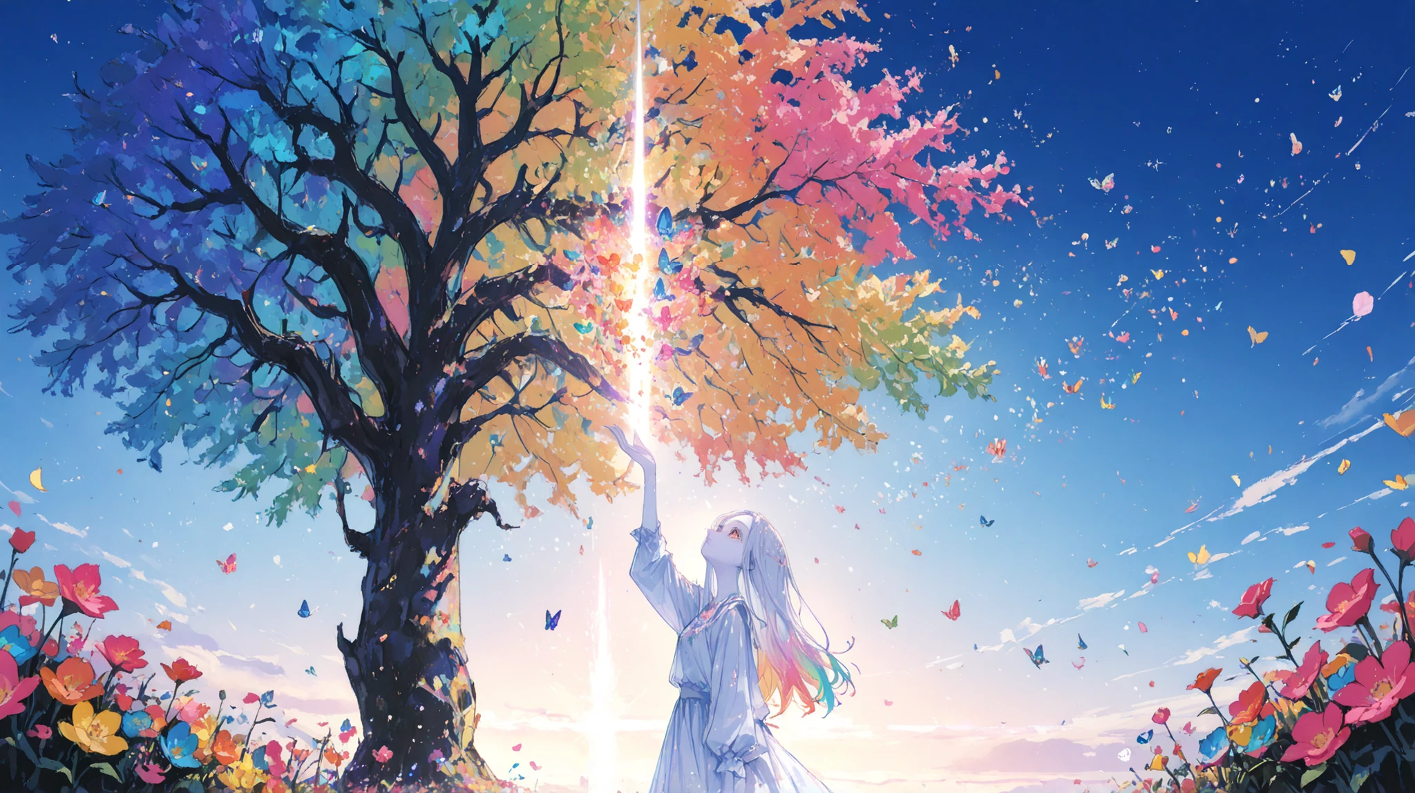 (female\(student, , JK, long hair, colorful eyes, pale skin,) look up at the sky), (lots of butterflies are dancing in the air), beautiful sky from the light source, summer,, colorful flowers are blooming everywhere , Mysterious and dreamy ,Big Tree,quality\(8k,CG wallpaper, masterpiece,high definition,top-quality,surrealism,Increase Resolution,RAW Photo,Best quality,very well detailed,light,ray tracing, golden ratio)