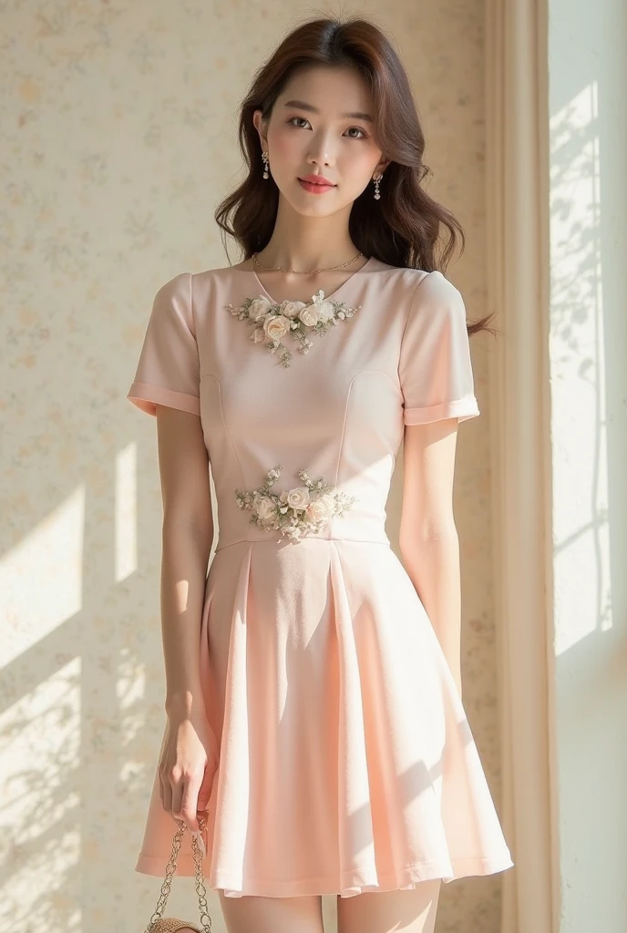 Korean women, goddess, long hair, delicate skin texture and cloth texture, delicate eyes, long eyelashes, double eyelids, upper body, hotel, 8k, highest image quality, masterpiece, super high resolution: 1.2, beautiful female photo with theme of girly elegant style, Aalfi in dress, (zettai ryouiki), preppy style dress, cashmere fabric, preppy style, femininization in cute pastel tones, femininity in soft tones, wearing smooth dresses, soft tones, pastel colors, light clothing, pastel tones, pastel clothing, Korean female fashion model, pastel style, multi-layered clothing, wearing elegant clothing, soft and cute colors