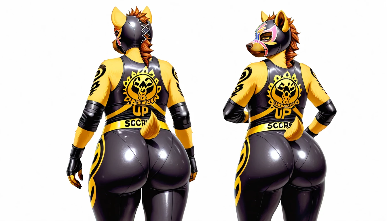 Protogen with yellow and black fur with black visor, standing with huge ass, back view, ass focus, huge breasts