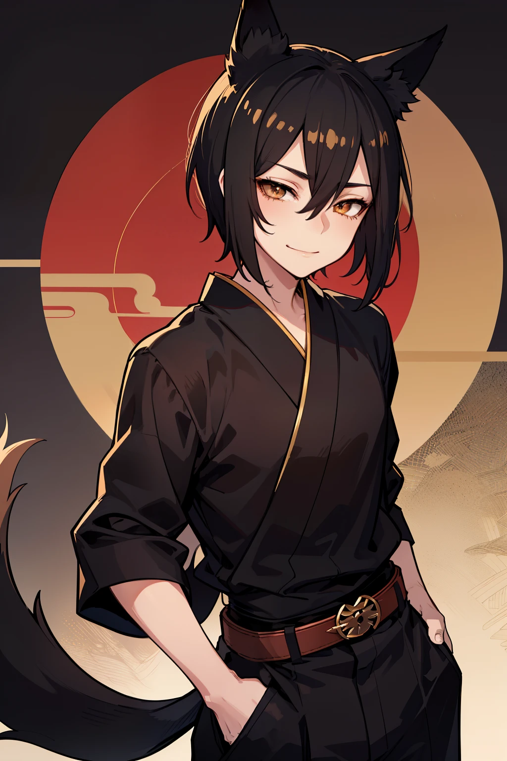 (high-quality, breathtaking),(expressive eyes, perfect face), symmetrical eyes, half closed eyes, 1boy, male, solo, young adult, black hair , gold coloured eyes, gentle smile, short hair, loose hair, hair between eyes, japanese clothing, black shirt with a red trim, black pants, brown belt, black fox ears on top of his head