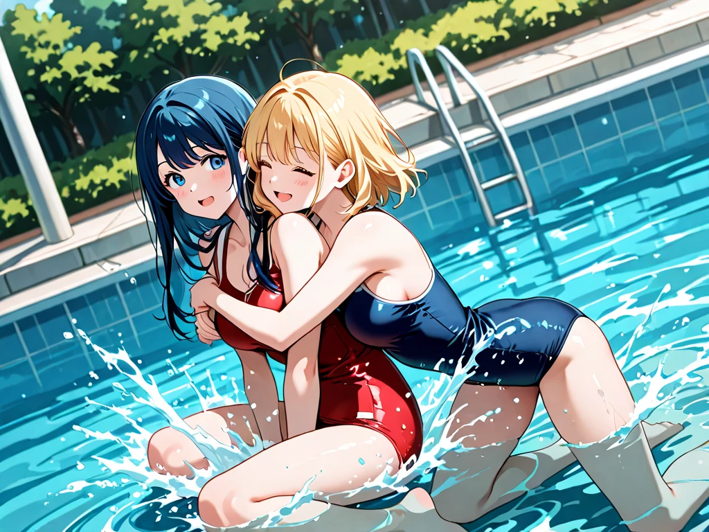 2人の女の子(,young girl ,short stature,gyaru)) ,flat chest,nsfw,plump,one-piece-swimsuit,big head、evilsmiling,black hair,long hair,bobcut.show ass,poolside,condom belt