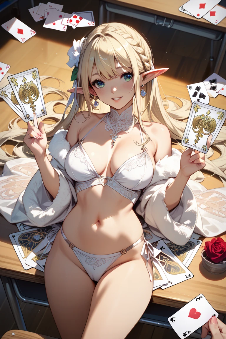 (masterpiece, best quality:1.4), (Intricate detailed:1.2), 1girl, elf, (blond hair, very long hair, antenna hair, braided bangs), huge breasts, thick thighs, black stocking, black playboy bunny, light smile, casino, flaoting cards, dynamic angle, <lora:EnvyGoodHands-beta2:1>,