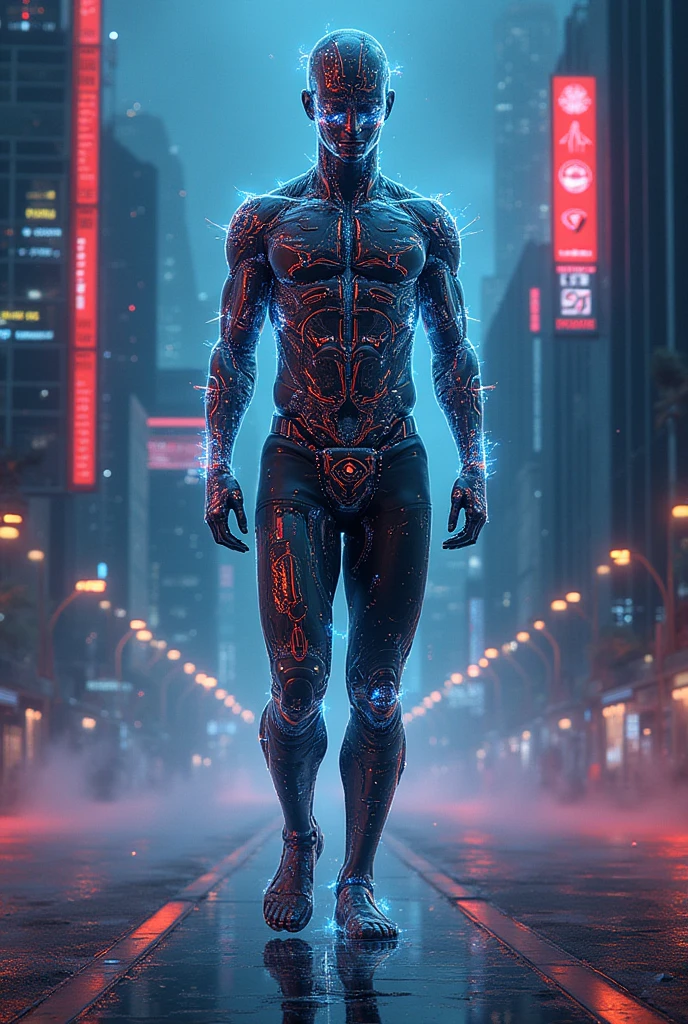Create a male super hero that mutated by a hound that has a tech suit with green, blue, white and red colours. He also has glowing eyes like the hound