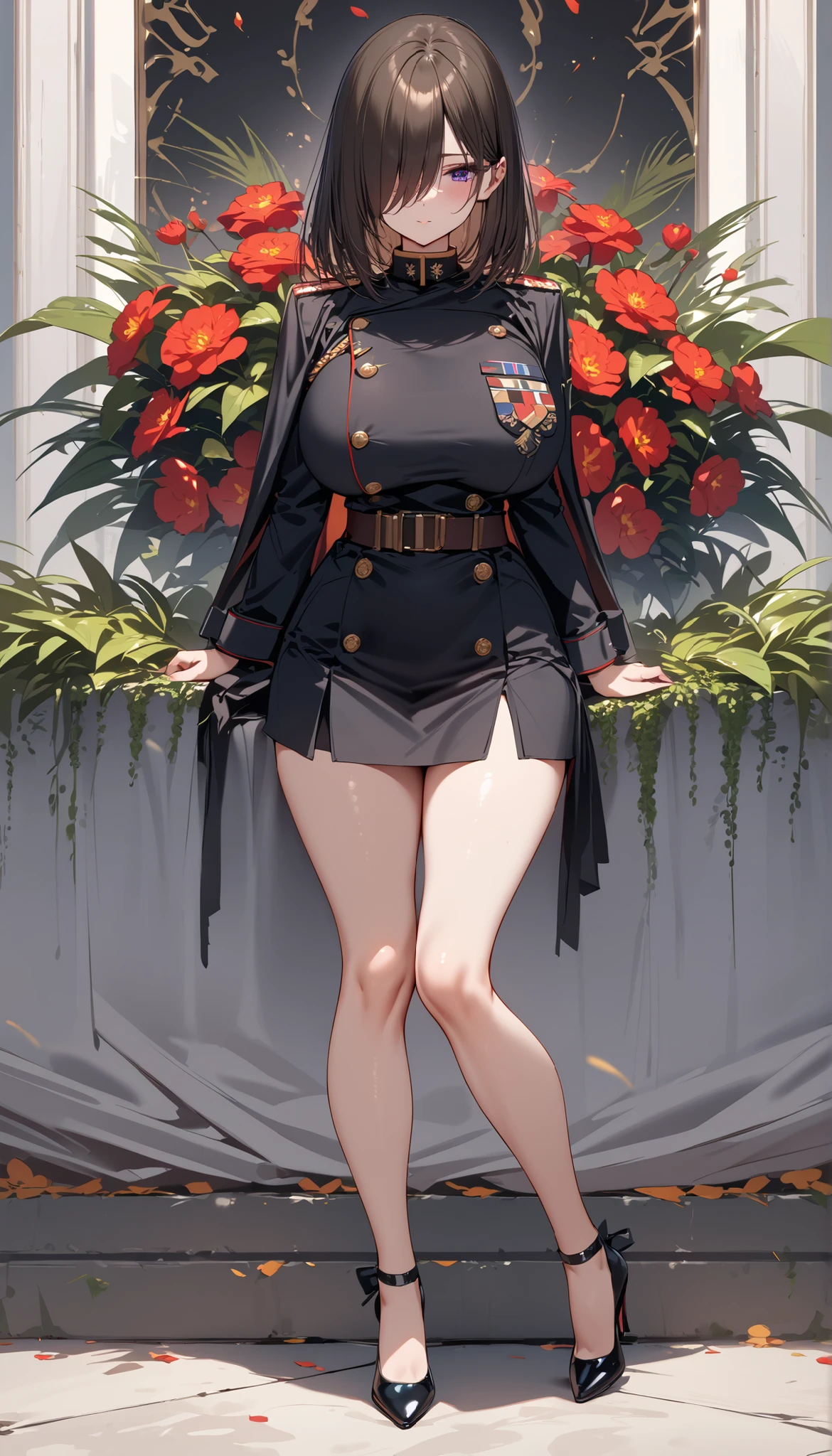 (masterpiece, Highest quality:1.2), (1girl), alone, ((medium hair)), ((straight hair)),(dark brown hair)),((hair over face)), (hair over one eye), (hair over right eye), (), (purple eyes), ((detailed eyes)), high detail, bloom, ((detailed face)), ((big breast)), (black military uniform), bare legs, heels, full body, hinaigirl