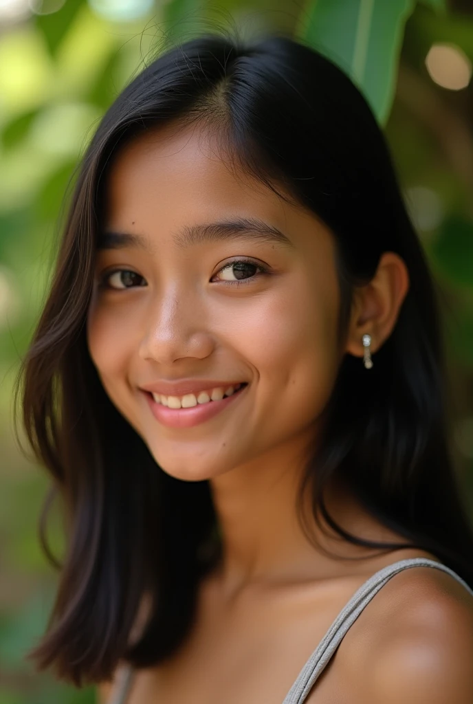 13 year old girl with medium length black hair, children's pigtails hair, Filipine facial structure, happy expression, she wearing a blue sheer evening dress, bare shoulders, she in a dark forest,