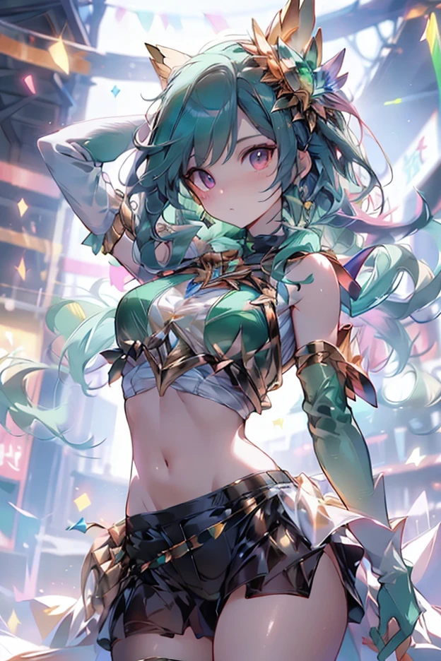 Anime Moe Art Style,highest quality,High resolution,Anatomically correct,One Girl,Mid-teens,A girl with light blue hair in a ponytail,Super detailed,Fantasy-style world,Off-the-shoulder tops,mini skirt,Big Breasts,Laughing with your mouth open,Peace sign next to face,Eyes drawn in detail,hair ornaments,necklace,bracelet,ring,Background of the port city,8K