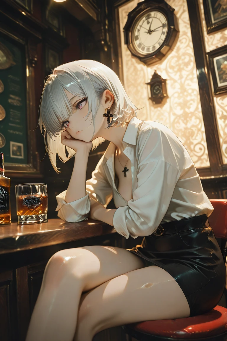 1girl, solo, A girl with short blond hair and blue eyes, dressed in a black leather jacket and white T-shirt,Ultra-high resolution fills the picture,Indoor at night,Orange color scheme for the café,There was coffee and wine,the night,inside in room,medium hair,stylish room, oblique angle,high quality, amount of drawing,Coffee machine,Coffee lockers,Orange neon color scheme,Silver-white hair,Very stylish café,Cafe at night,Ray gorgeous,Have food,Laugh happily,Silver-white hair,Black fashion clothing,Orange and black matching outfits,boxer