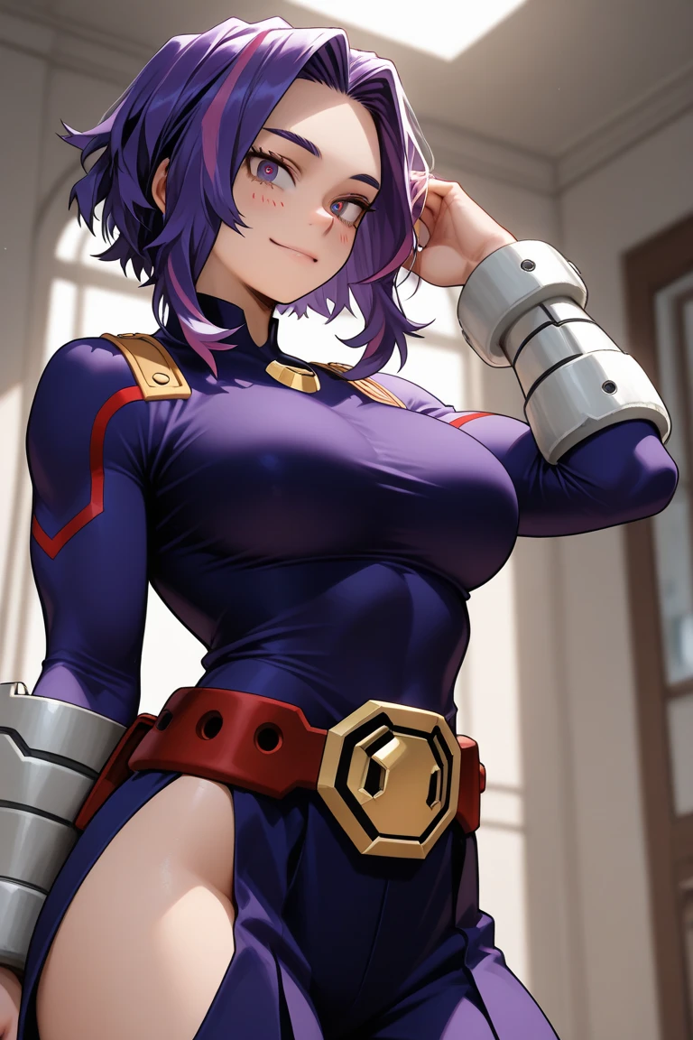 solo,female humanoid,hug breasts,fitness,black suit,leotard undr clothes,(hip vent),revealing hipr,multicolor trim,rgb,perfect lighting,standing,crystal trimmed,trims on armor,(purple trim detail:1.2)dynamic,seductive,NSFW