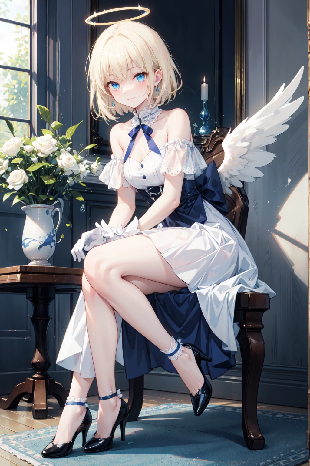 uekura, 1 girl, blonde hair, white background, have, dress, blue shoes, wing, simple background, sign, flower, nail polish, wide sleeve, long sleeve, blush, animal, white flower, alone, whole body, bird, looking at the viewer, high heels, put your hand on your cheek, put your hand on your face, frills, bow, bangs, ribbon, bell, blue hat, +_+, under shoes, short hair, gray eyes, shoes, blue nails, feathered wing, blue bow