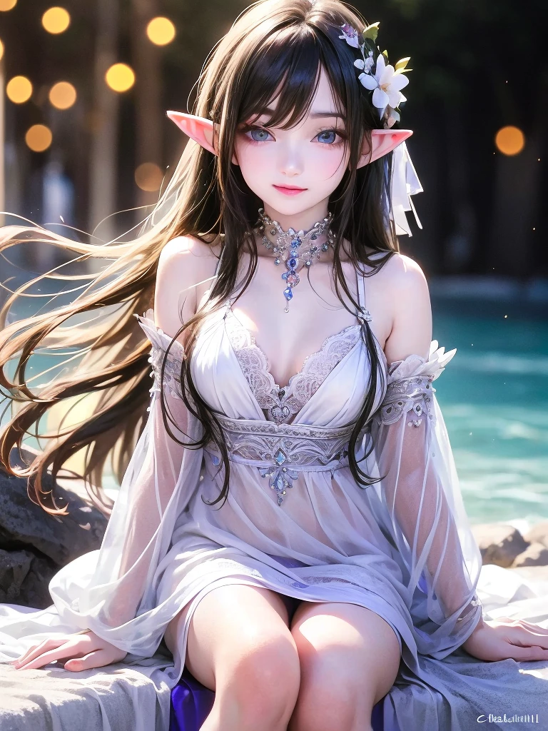 AsunaLora, long hair, white dress, skirt, bare belly, light brown hair, pointy ears, elf,