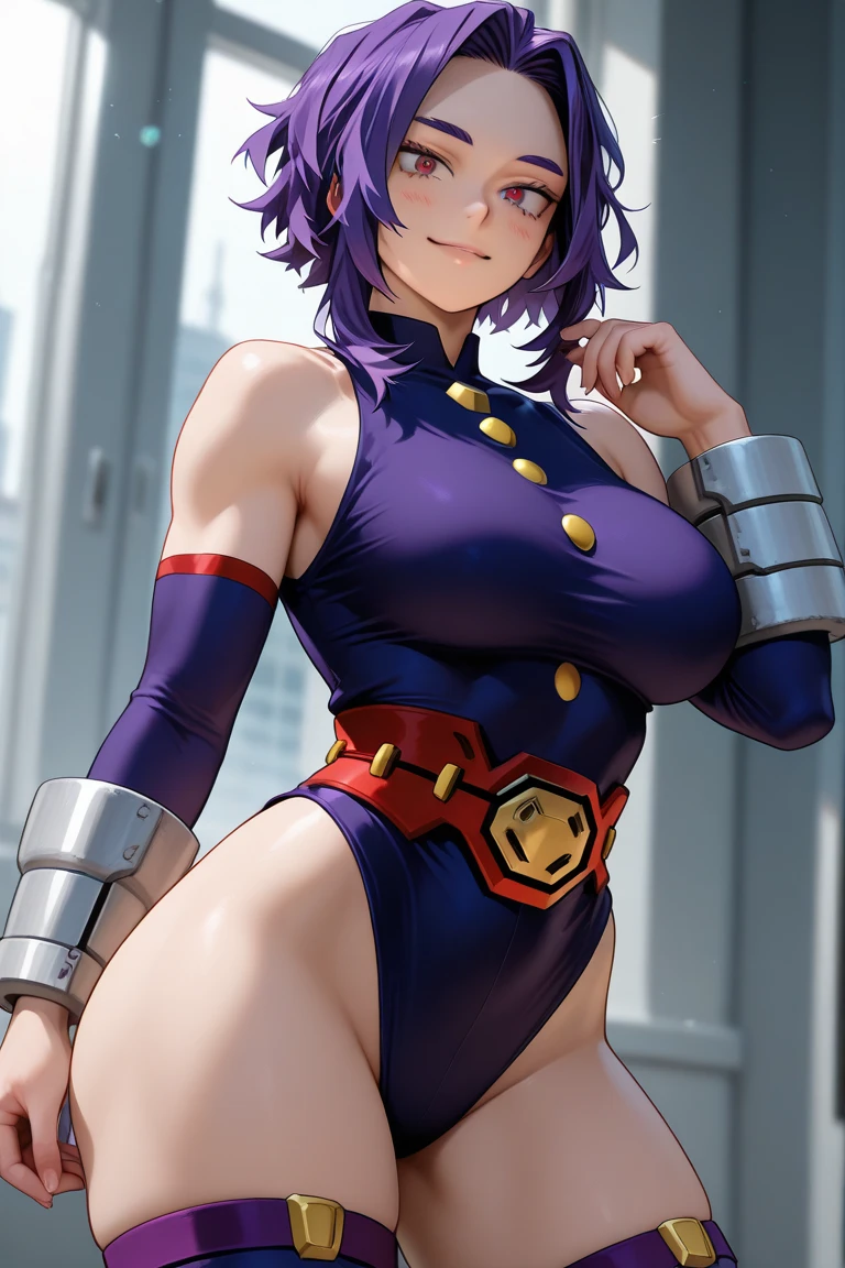 (highest quality:1.2, masterpiece:1.2), 1 girl, solo, (ultra realistic portrait of Lan fan, dbz), (purple hair color:1.5, curly perm:1.5, top up short hair:1.3, blue eyes, single charming mole around mouth), ultra realistic rubber body suit, ultra detailed rubber body suit, sleeveless, wedgie& high cut, knee high boots, (((ultra huge breasts, ultra huge tits, ultra huge boob, ultra huge cleavage))), ultra slim waist, perfect slim body style, ultra realistic skin texture, ultra detailed skin texture, perfect eyes, ultra detailed eyes, (Tenkaichibudoukai, outdoor, battle stadium, stone stage:1.25, square stage:1.25, roof in behind, entrance space between red short wall in back, audience box seats in battle stadium, palm trees), (nsfw:1.55), standing, zoom up, close up,