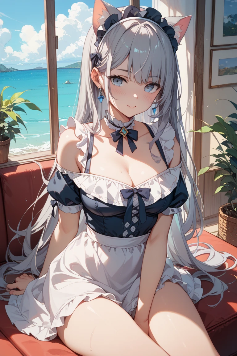 (masutepiece, Best Quality:1.2),Illustration,8K,hard disk,1girl in,Solo,very_long_hair,Large_breasts,white_hair,Bangs,cleavage,braid,Blue_Eyes,French_braid,鎖骨,Purple_Eyes,chain,Collar,Dress,frilld,maid,maid_Head dress,white_gloves,white_thighs thighs thighs thighs,maid_Apron,white_Apron,frilld_Apron,greys_hair,frilld_gloves,Blue summer sky,washing,hold the sheet in your hand,look up to,
