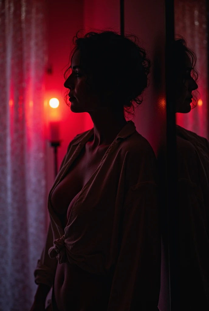 A woman ?????????? in front of a window inside a red-lit hotel room.