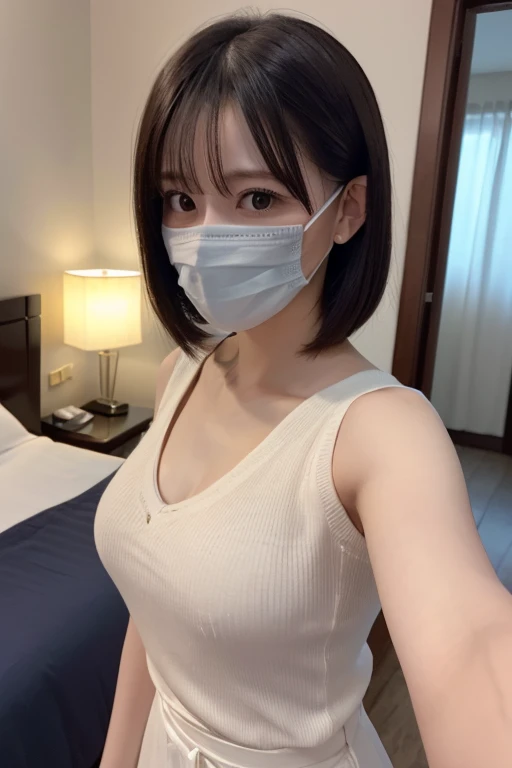 Bob Hairstyle、selfie from above、More natural selfies、Selfie taken with an iPhone、((Selfie style in my room)),((student))、((very young))、((very cute))、((So adorable))、((Please wear a white non-woven mask)),highest quality, masterpiece, Ultra-high resolution, (Realistic:1.4), RAW Photos, Very detailed, Perfect Anatomy, 1 girl, 18-year-old, Famous Japanese Idols, Front view, Crotch close-up,, ((Accentuate your breasts))